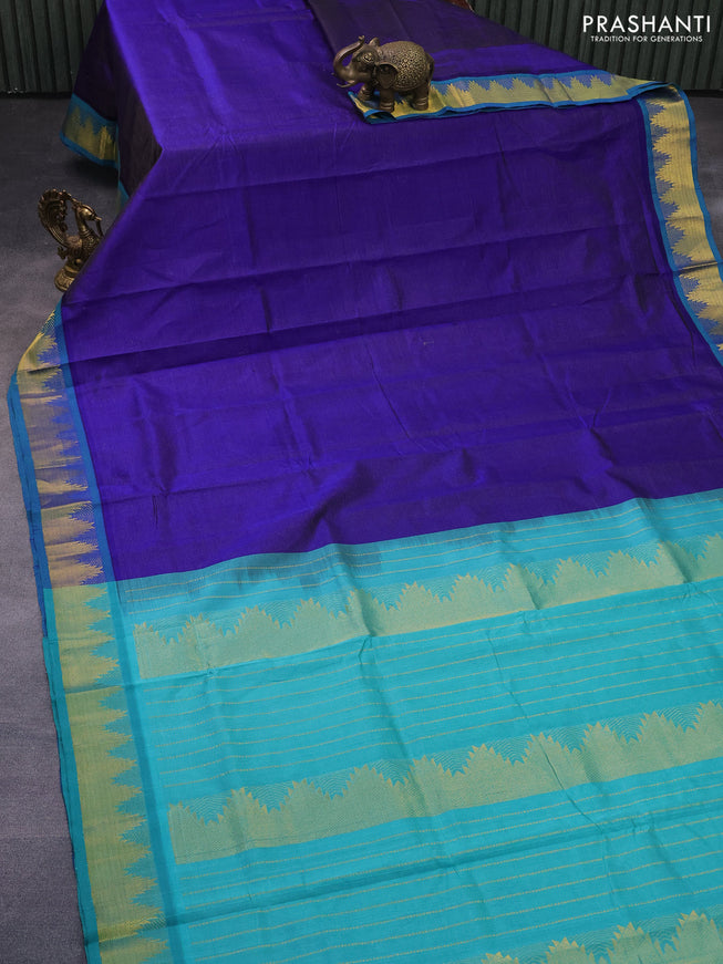 Silk cotton saree blue and teal blue with allover vairaosi pattern and temple zari woven border