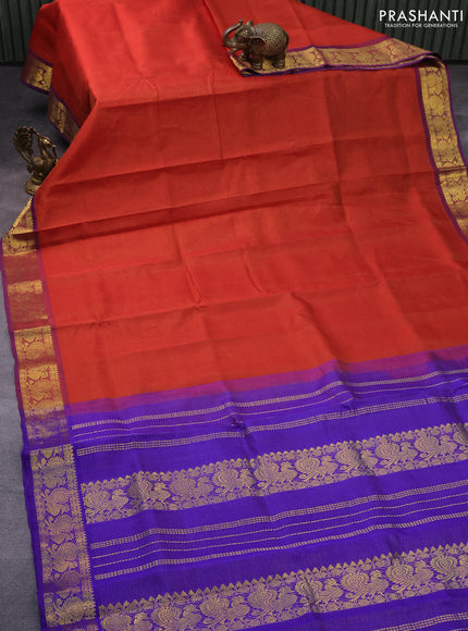 Silk cotton saree rust shade and blue with allover vairaosi pattern and annam zari woven border