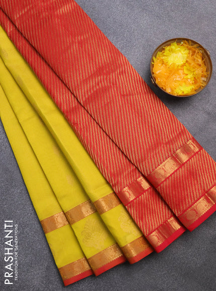 Silk cotton saree yellow and red with allover vairaosi pattern & buttas and rettapet zari woven border