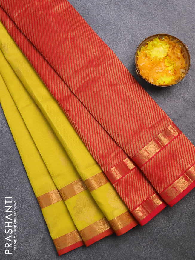 Silk cotton saree yellow and red with allover vairaosi pattern & buttas and rettapet zari woven border