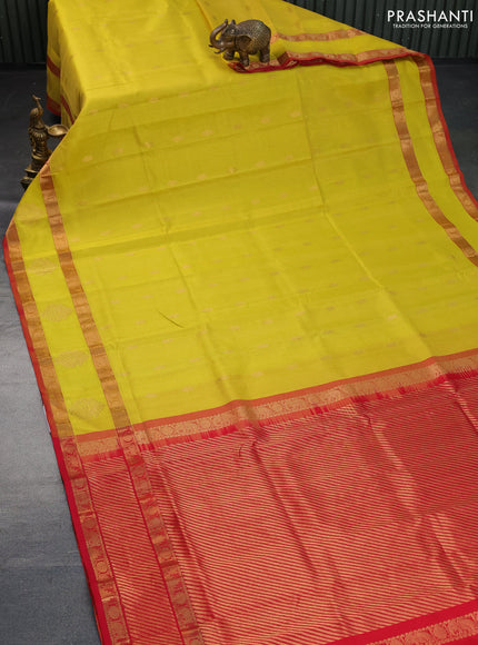 Silk cotton saree yellow and red with allover vairaosi pattern & buttas and rettapet zari woven border