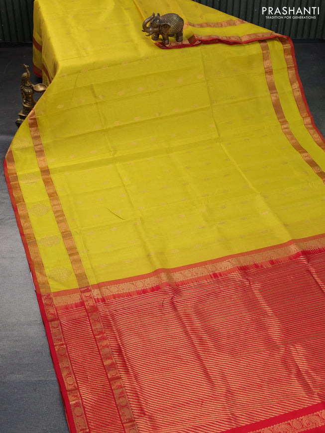 Silk cotton saree yellow and red with allover vairaosi pattern & buttas and rettapet zari woven border