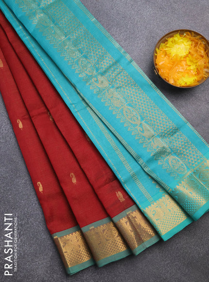 Silk cotton saree maroon and teal blue with allover vairaosi pattern & buttas and annam zari woven border