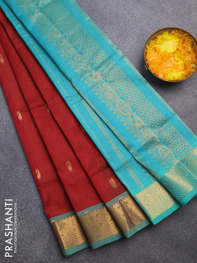 Silk cotton saree maroon and teal blue with allover vairaosi pattern & buttas and annam zari woven border