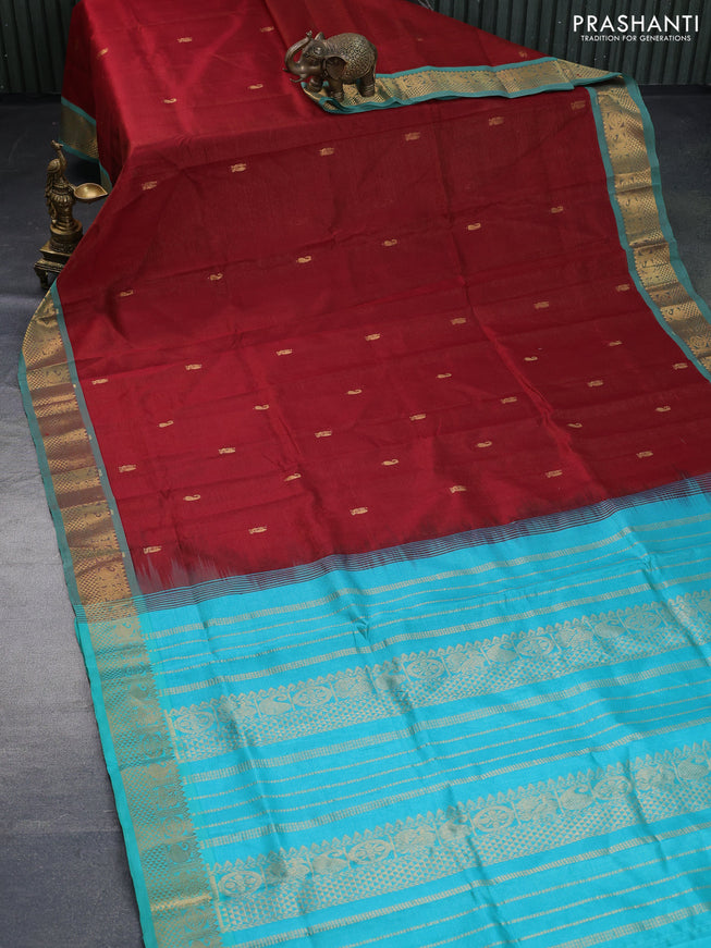 Silk cotton saree maroon and teal blue with allover vairaosi pattern & buttas and annam zari woven border