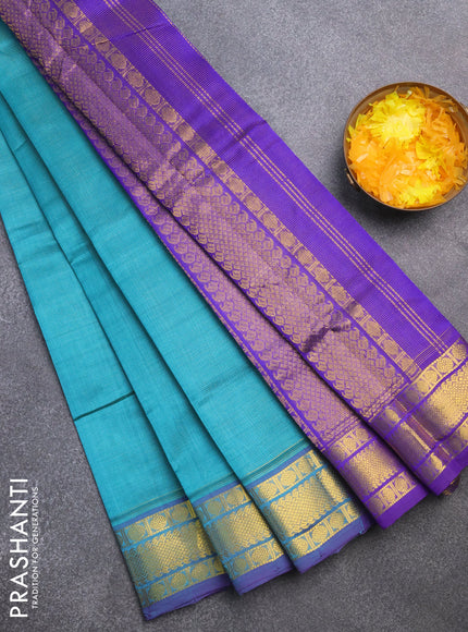 Silk cotton saree teal blue and blue with allover vairaosi pattern and rudhraksha zari woven border