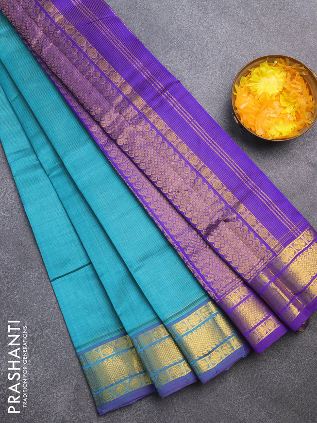 Silk cotton saree teal blue and blue with allover vairaosi pattern and rudhraksha zari woven border