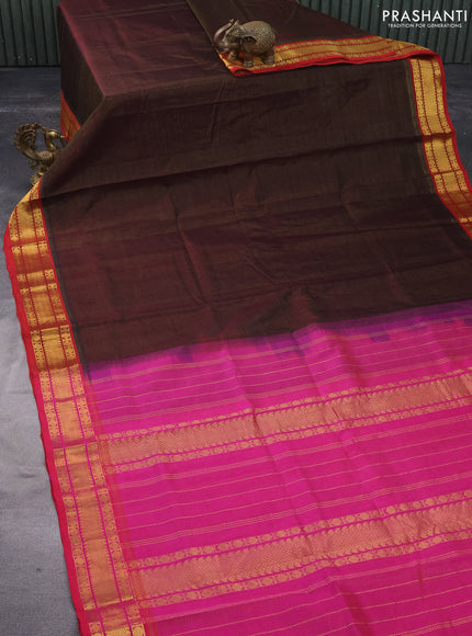 Silk cotton saree coffee brown and pink with allover vairaosi pattern and rudhraksha zari woven border