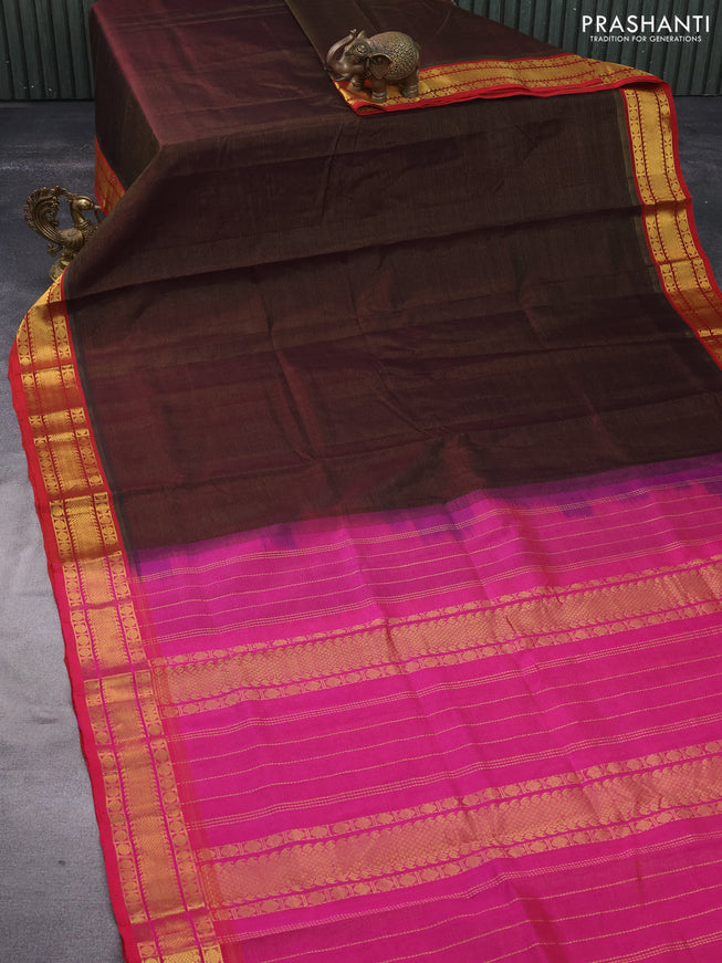 Silk cotton saree coffee brown and pink with allover vairaosi pattern and rudhraksha zari woven border