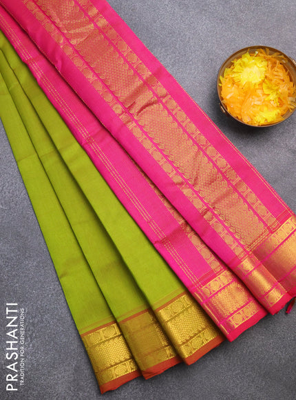 Silk cotton saree light green and pink with allover vairaosi pattern and rudhraksha zari woven border