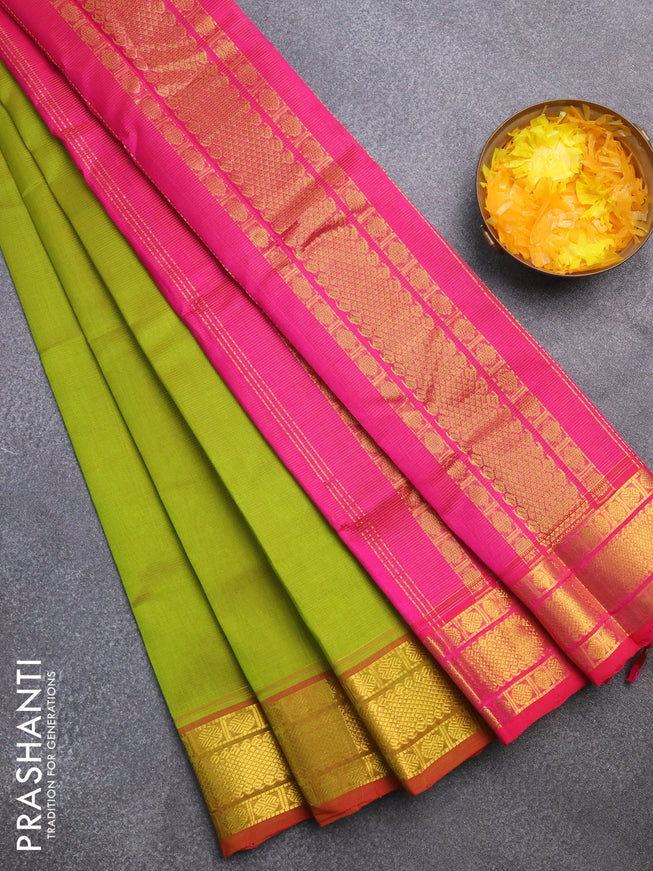 Silk cotton saree light green and pink with allover vairaosi pattern and rudhraksha zari woven border