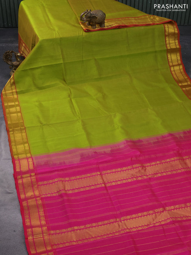 Silk cotton saree light green and pink with allover vairaosi pattern and rudhraksha zari woven border