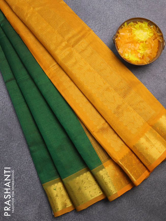 Silk cotton saree green and mustard yellow with allover vairaosi pattern and annam zari woven border