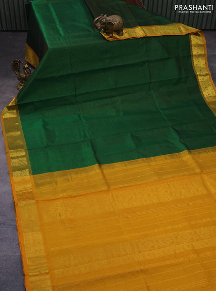 Silk cotton saree green and mustard yellow with allover vairaosi pattern and annam zari woven border