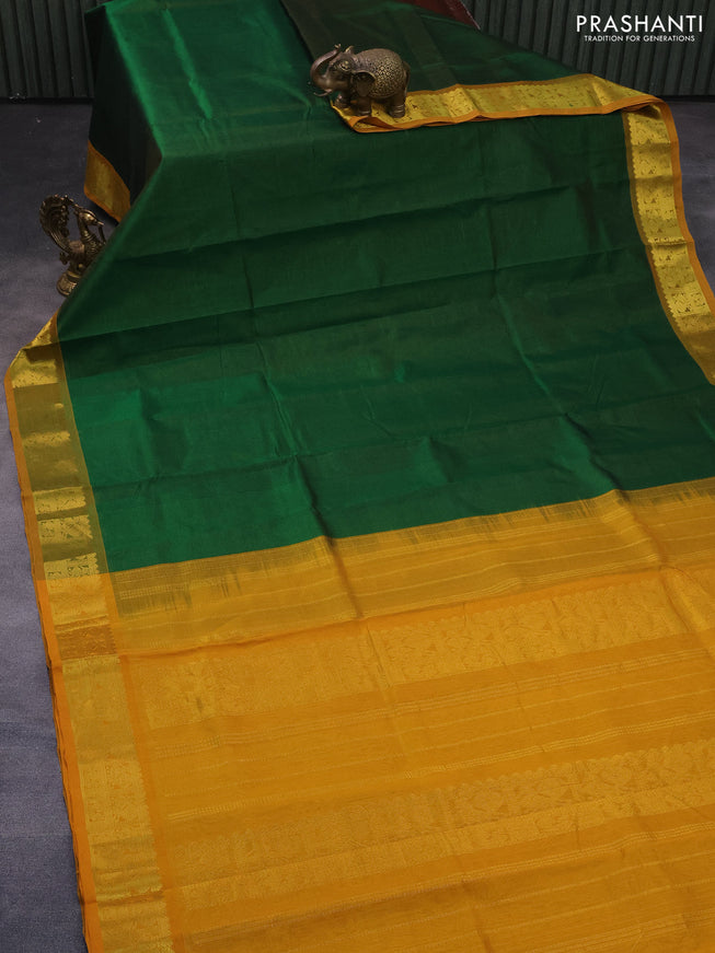 Silk cotton saree green and mustard yellow with allover vairaosi pattern and annam zari woven border