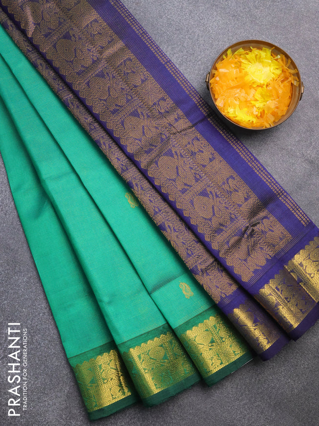 Silk cotton saree green and blue with allover vairaosi pattern & buttas and annam zari woven border