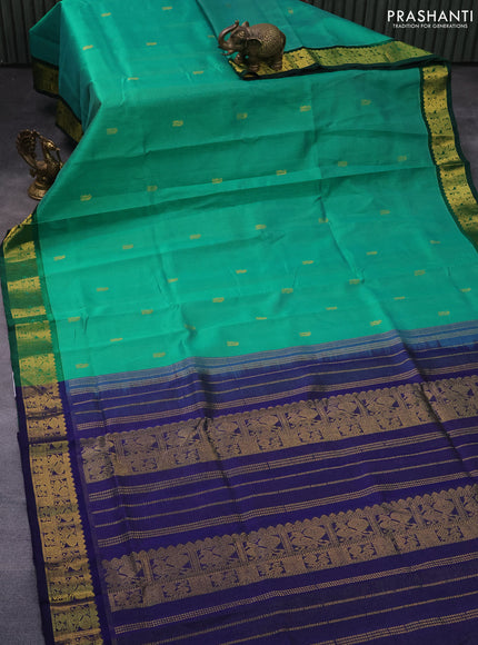 Silk cotton saree green and blue with allover vairaosi pattern & buttas and annam zari woven border