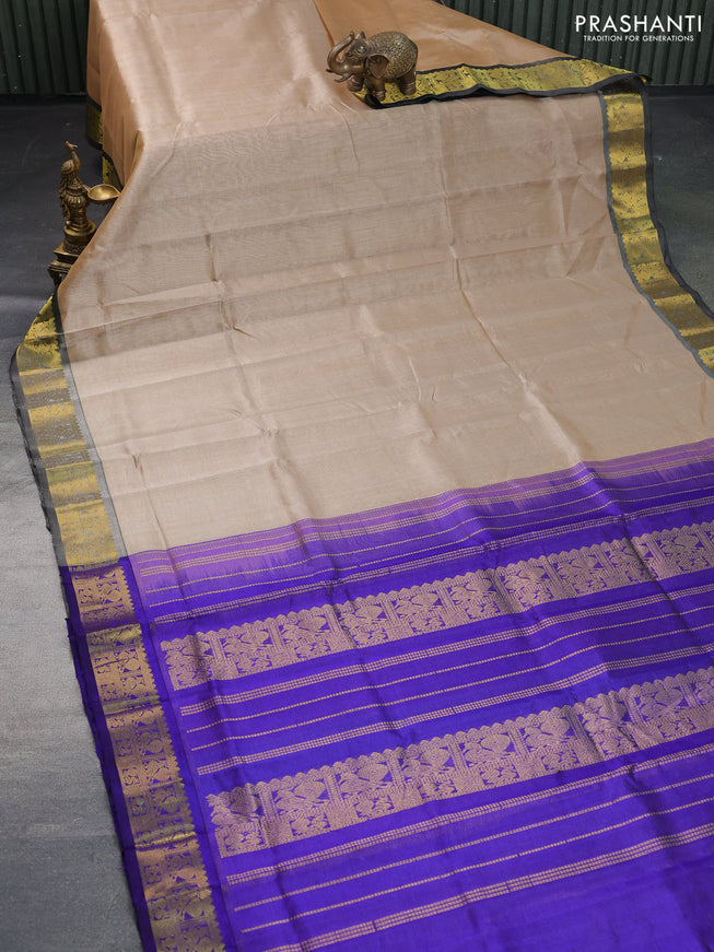 Silk cotton saree beige and blue with allover vairaosi pattern and annam zari woven border