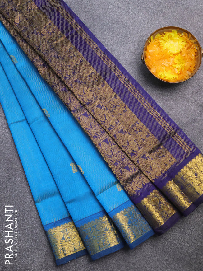 Silk cotton saree cs blue and blue with allover vairaosi pattern & buttas and annam zari woven border