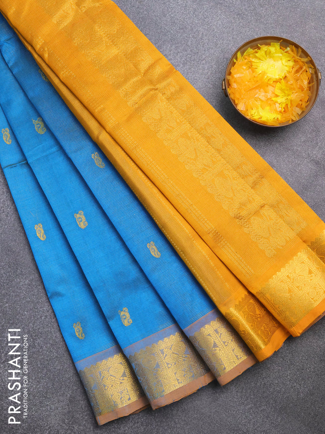 Silk cotton saree cs blue and mustard yellow with allover vairaosi pattern & buttas and annam zari woven border