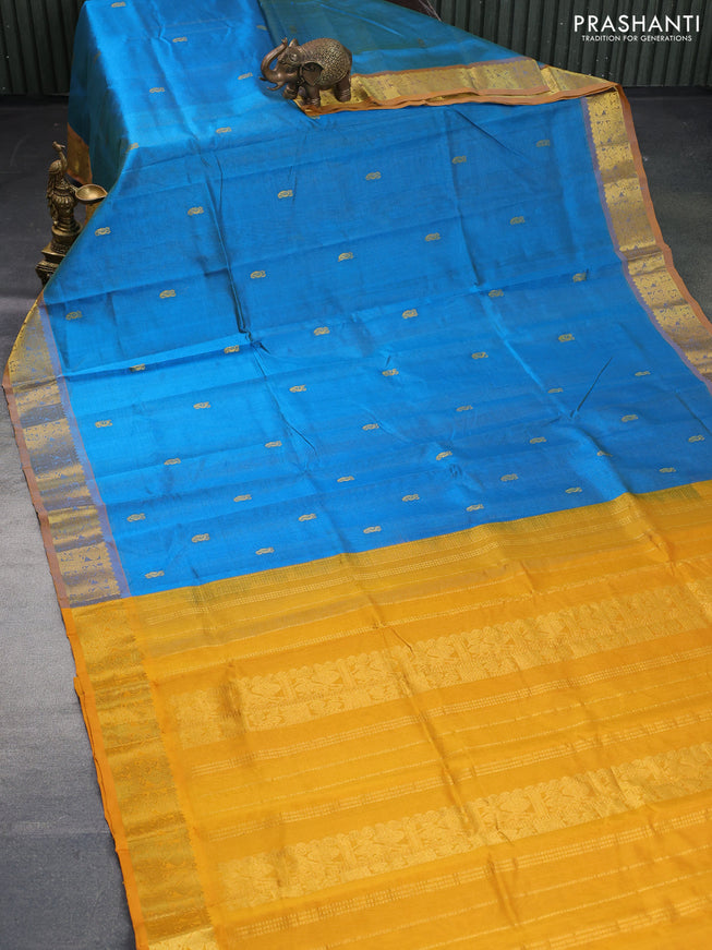 Silk cotton saree cs blue and mustard yellow with allover vairaosi pattern & buttas and annam zari woven border