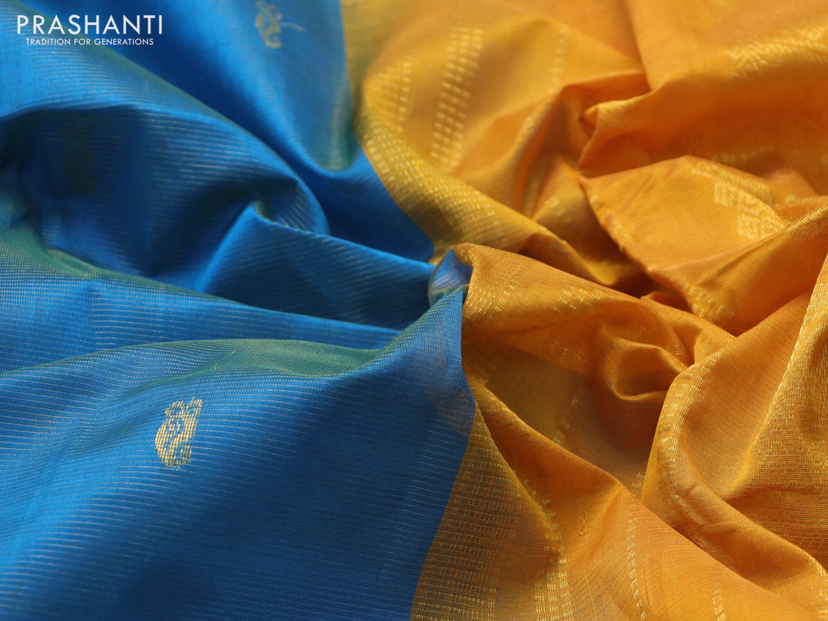 Silk cotton saree cs blue and mustard yellow with allover vairaosi pattern & buttas and annam zari woven border