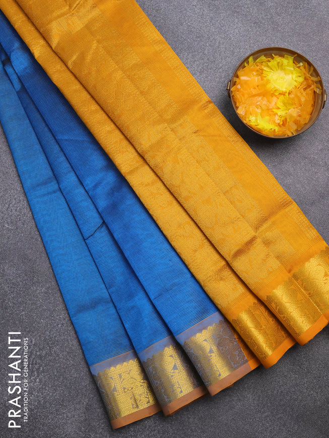 Silk cotton saree peacock blue and mango yellow with allover vairaosi pattern and annam zari woven border