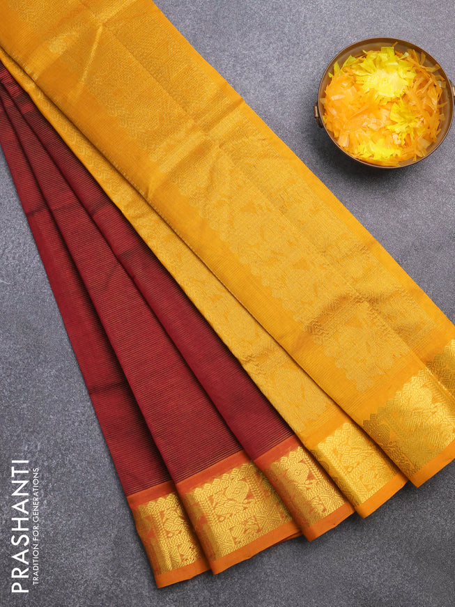 Silk cotton saree maroon and mango yellow with allover vairaosi pattern and annam zari woven border