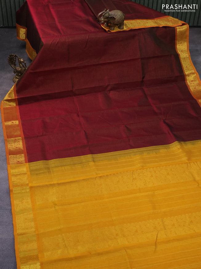 Silk cotton saree maroon and mango yellow with allover vairaosi pattern and annam zari woven border