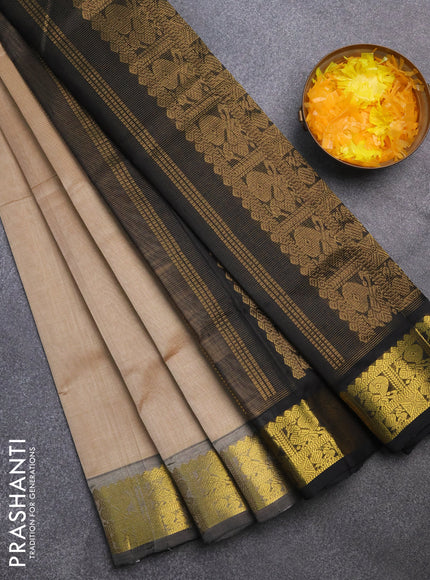 Silk cotton saree beige and black with allover vairaosi pattern and annam zari woven border