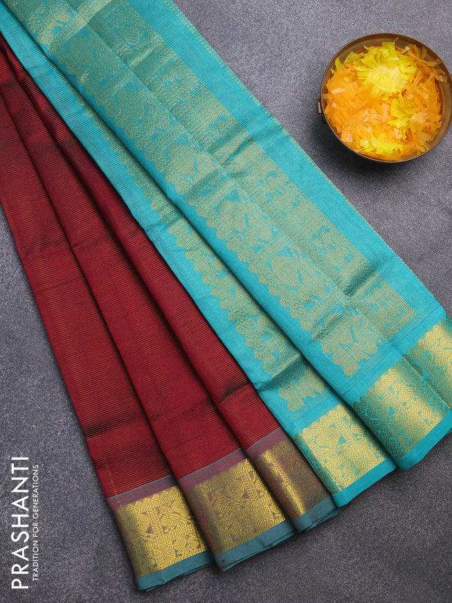 Silk cotton saree maroon and teal blue with allover vairaosi pattern and annam zari woven border