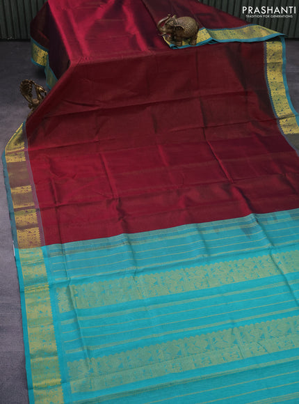 Silk cotton saree maroon and teal blue with allover vairaosi pattern and annam zari woven border