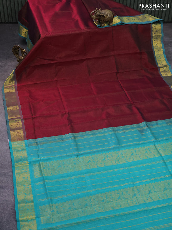 Silk cotton saree maroon and teal blue with allover vairaosi pattern and annam zari woven border