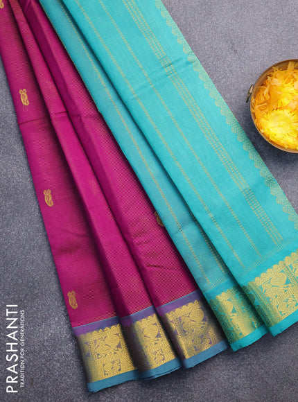 Silk cotton saree purple and teal blue with allover vairaosi pattern & buttas and annam zari woven border