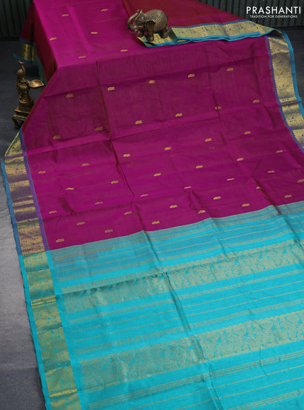 Silk cotton saree purple and teal blue with allover vairaosi pattern & buttas and annam zari woven border