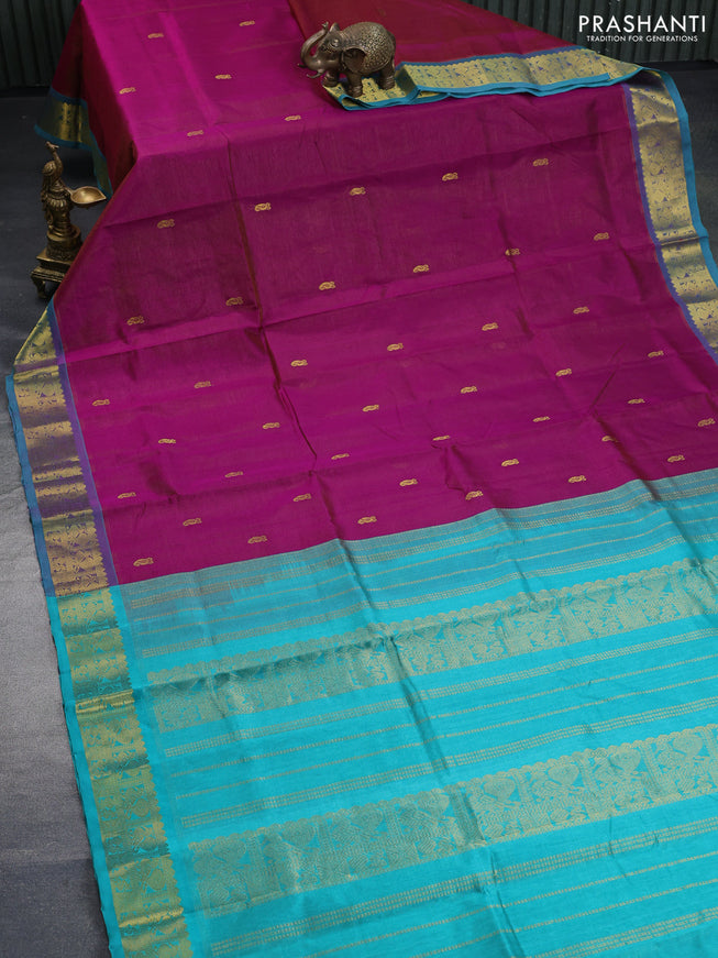 Silk cotton saree purple and teal blue with allover vairaosi pattern & buttas and annam zari woven border