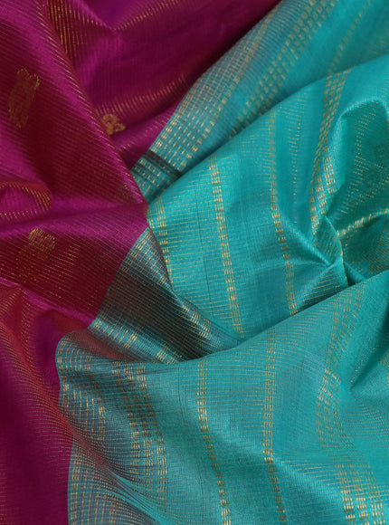 Silk cotton saree purple and teal blue with allover vairaosi pattern & buttas and annam zari woven border