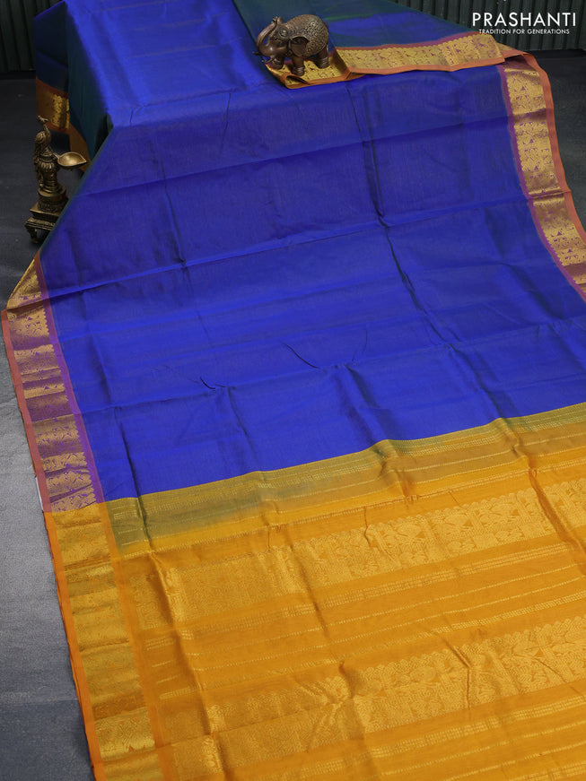 Silk cotton saree dual shade of blue and mustard yellow with allover vairaosi pattern and annam zari woven border