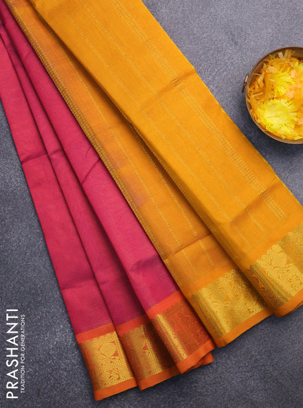 Silk cotton saree pink and mustard yellow with allover vairaosi pattern and annam zari woven border