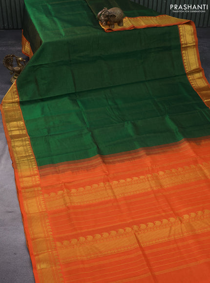 Silk cotton saree green and orange with allover vairaosi pattern and paisley zari woven border