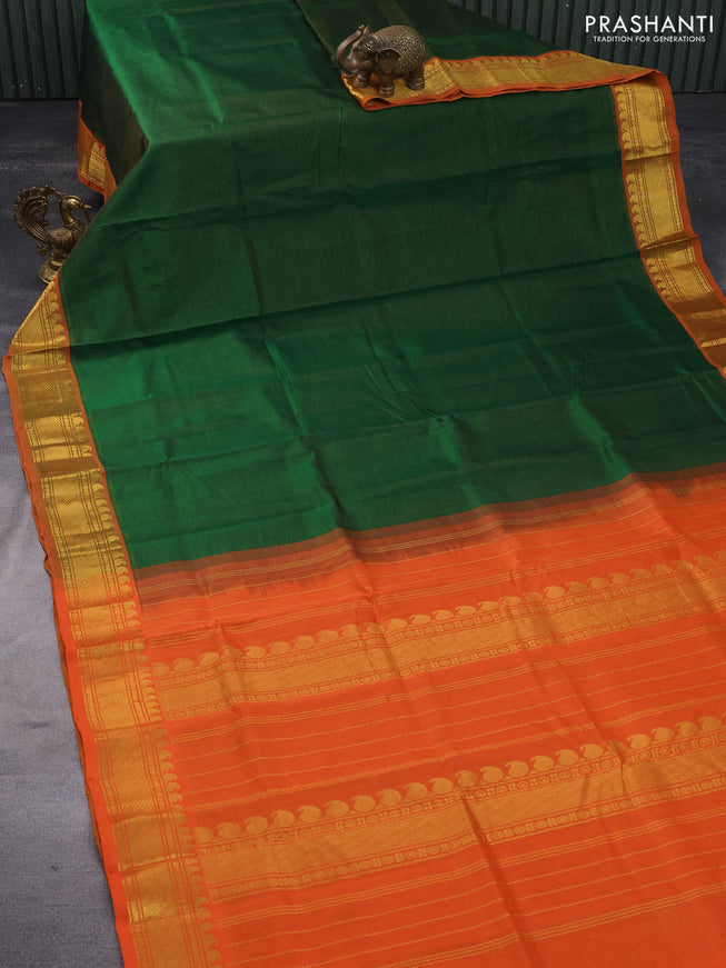 Silk cotton saree green and orange with allover vairaosi pattern and paisley zari woven border