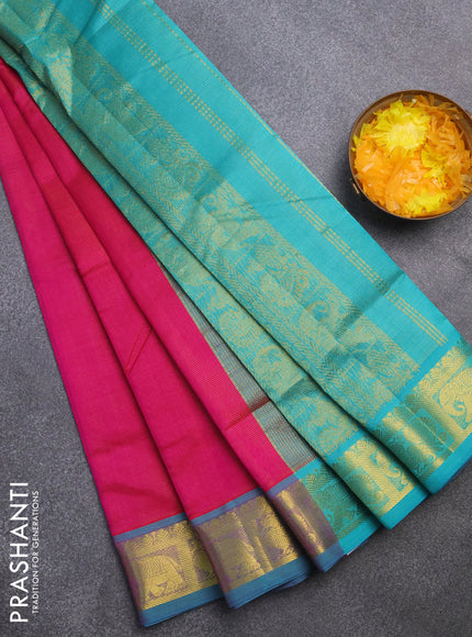 Silk cotton saree pink and teal blue with allover vairaosi pattern and annam & elephant & zari woven border