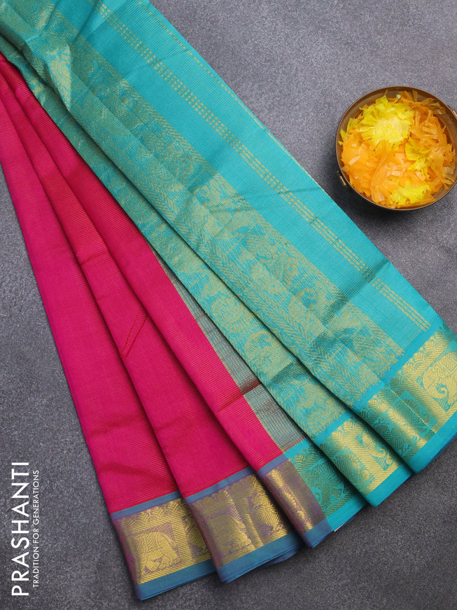 Silk cotton saree pink and teal blue with allover vairaosi pattern and annam & elephant & zari woven border