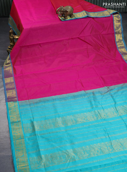 Silk cotton saree pink and teal blue with allover vairaosi pattern and annam & elephant & zari woven border