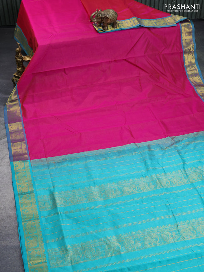 Silk cotton saree pink and teal blue with allover vairaosi pattern and annam & elephant & zari woven border