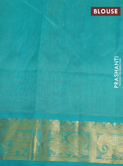 Silk cotton saree pink and teal blue with allover vairaosi pattern and annam & elephant & zari woven border