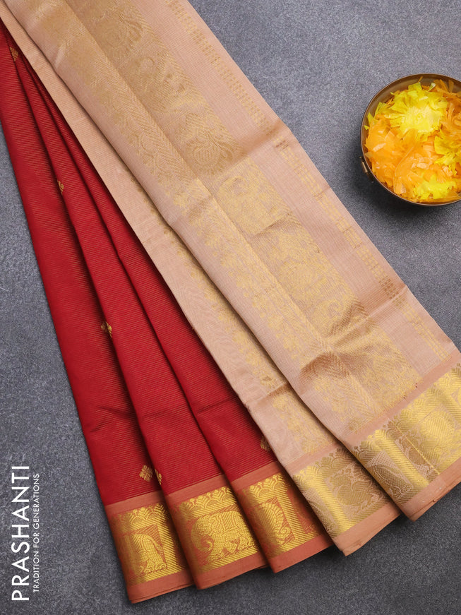 Silk cotton saree maroon and sandal with allover vairaosi pattern and annam & elephant & zari woven border