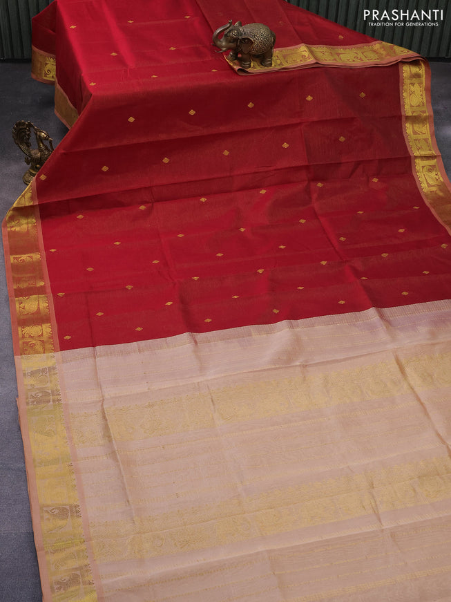 Silk cotton saree maroon and sandal with allover vairaosi pattern and annam & elephant & zari woven border