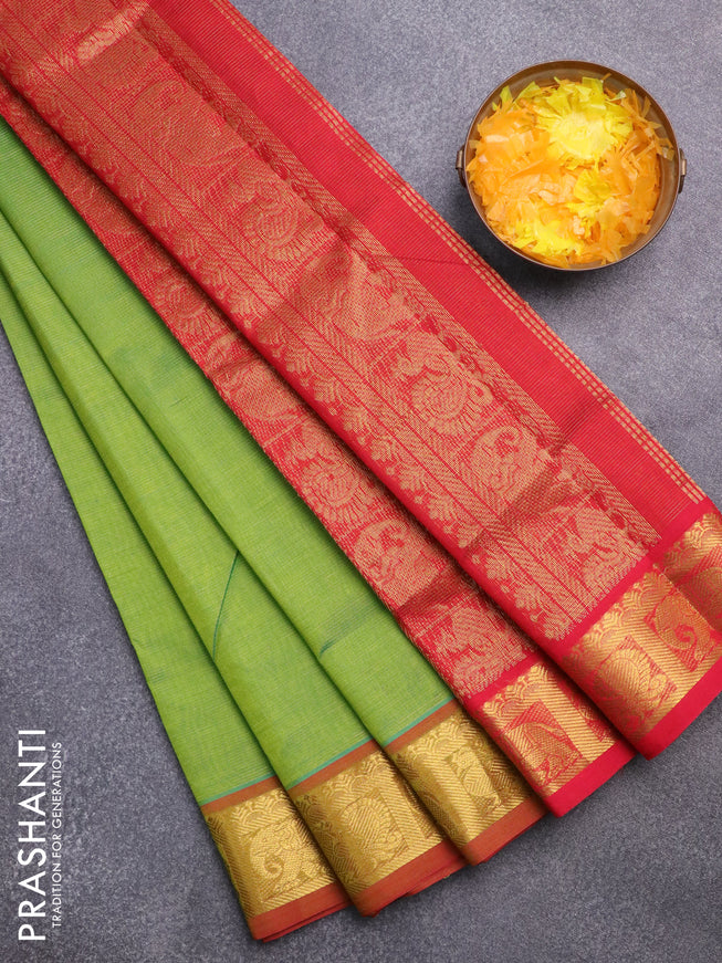 Silk cotton saree light green and red with allover vairaosi pattern and annam & elephant & zari woven border