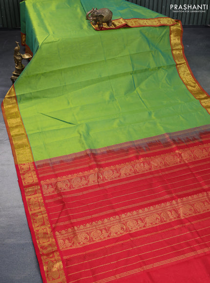 Silk cotton saree light green and red with allover vairaosi pattern and annam & elephant & zari woven border